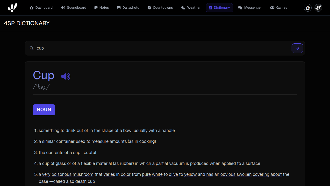 Screenshot of logged-in/dictionary.html