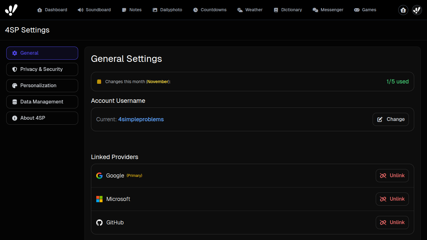 Screenshot of logged-in/settings.html